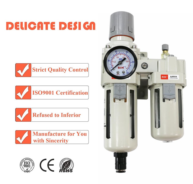 RIH Store Pneumatics Compressed Air Filter Regulator Lubricator Combo Water/Oil Trap Separator - Gauge(0-150 psi), Semi-Auto Drain, Poly Bowl,Bracket - 3 in 1 Two Unit (1/2“ NPT Auto Drain) - Image 4